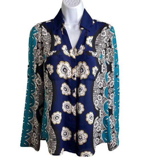 Express The Portofino Shirt Regular Fit Button-Up Blue Aqua Floral Print Size A - Picture 1 of 12